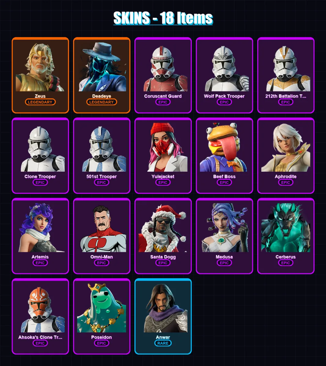 [SWITCH/XBOX/PSN/PC] | Zeus | Deadeye | Coruscant Guard | 18 skin | Lv134 — Fortnite account