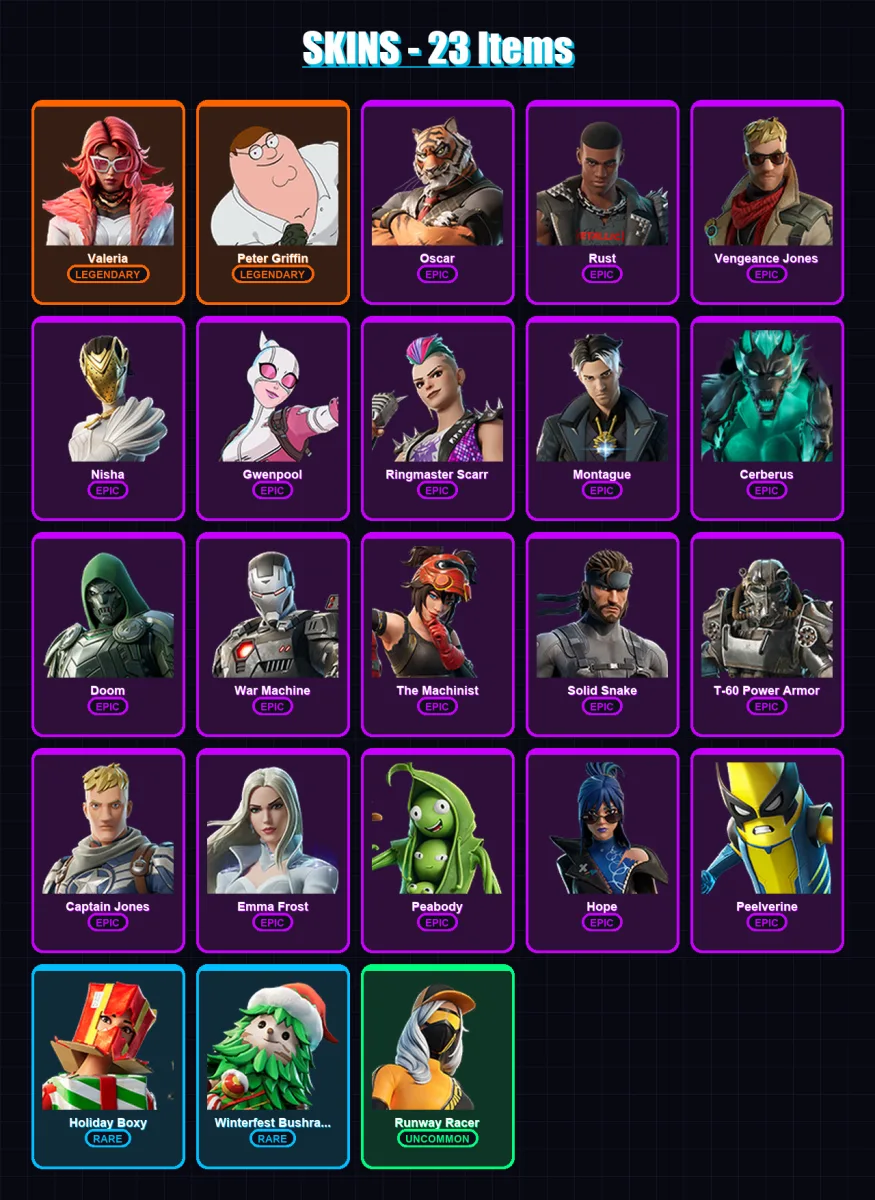 [PC/PSN] | Valeria | Peter Griffin | Oscar | Rust | Vengeance Jones | 23 skin | 33 pickaxe | 31 emote | 25 glider | Lv314 — Fortnite account