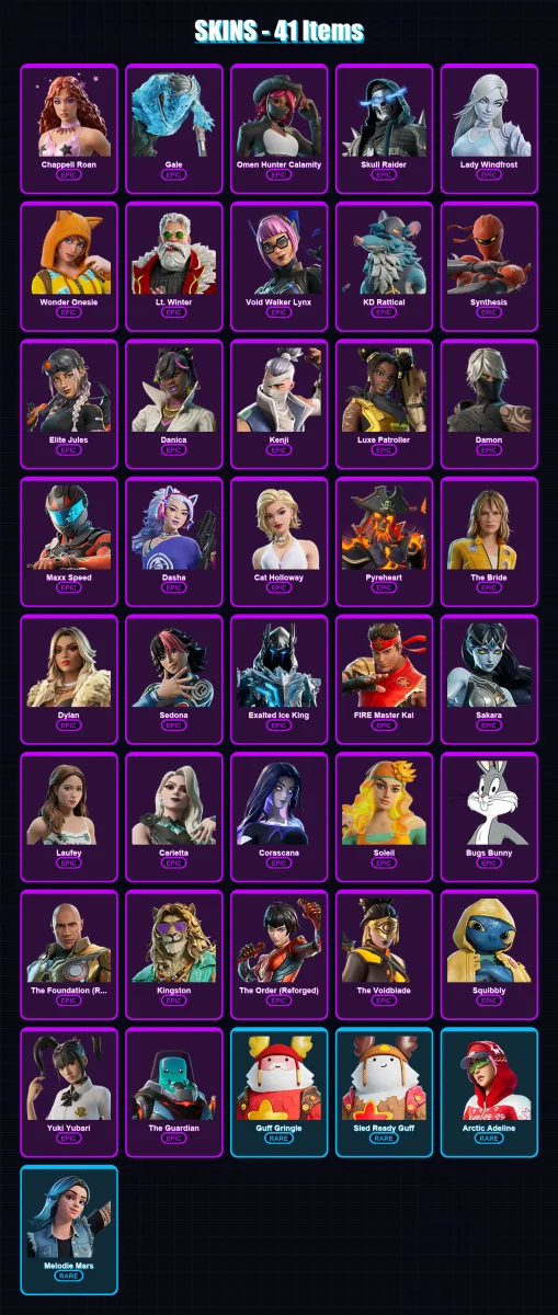 [PC/PSN] | Chappell Roan | Gale | Omen Hunter Calamity | Skull Raider | Lady Windfrost | 41 skin | 48 pickaxe | 36 emote | 26 glider | Lv263