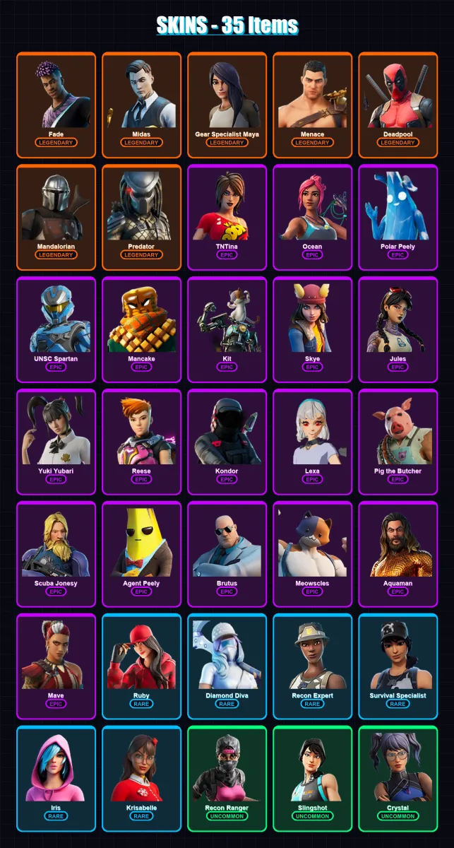 [PS4/PS5/XBOX/PC] | Fade | Midas | Gear Specialist Maya | Menace | Deadpool | 35 skin | 58 pickaxe | 48 emote | 51 glider | Lv761