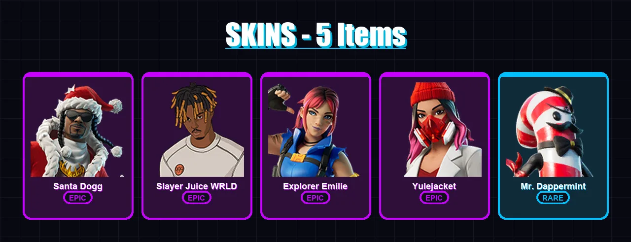 [PC/XBOX/PSN] | Santa Dogg | Slayer Juice WRLD | Explorer Emilie | Yulejacket | Mr. Dappermint | 5 skin | 20 pickaxe | 5 emote | 12 glider | Lv77