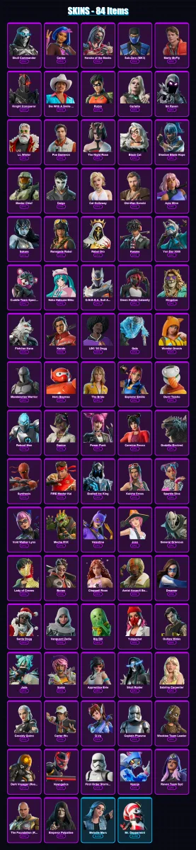 [PC/PSN] | Skull Commander | Carina | Haruka of the Masks | Sub-Zero (MK3) | Marty McFly | 84 skin | 103 pickaxe | 68 emote | 62 glider | Lv624