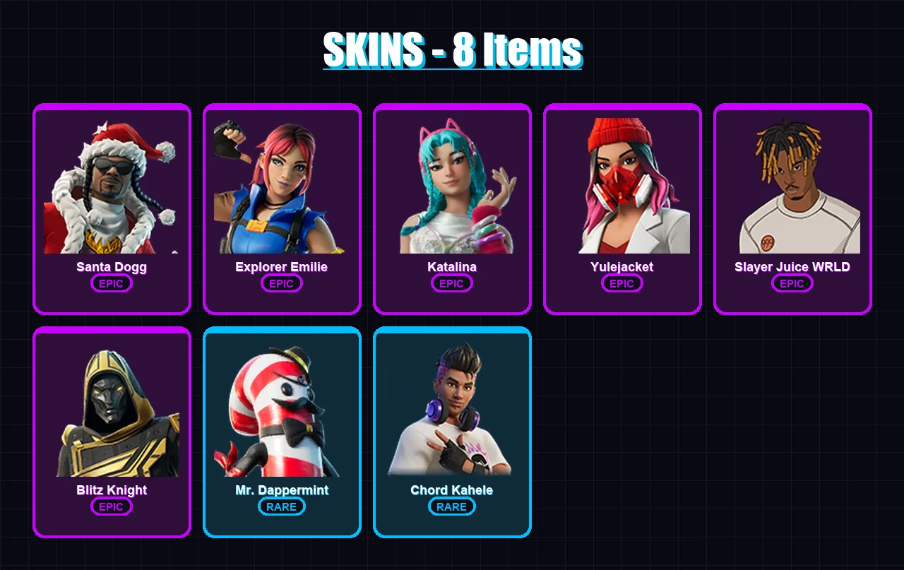 [PC/XBOX] | Santa Dogg | Explorer Emilie | Katalina | Yulejacket | Slayer Juice WRLD | 8 skin | 39 pickaxe | 15 emote | 21 glider | Lv434