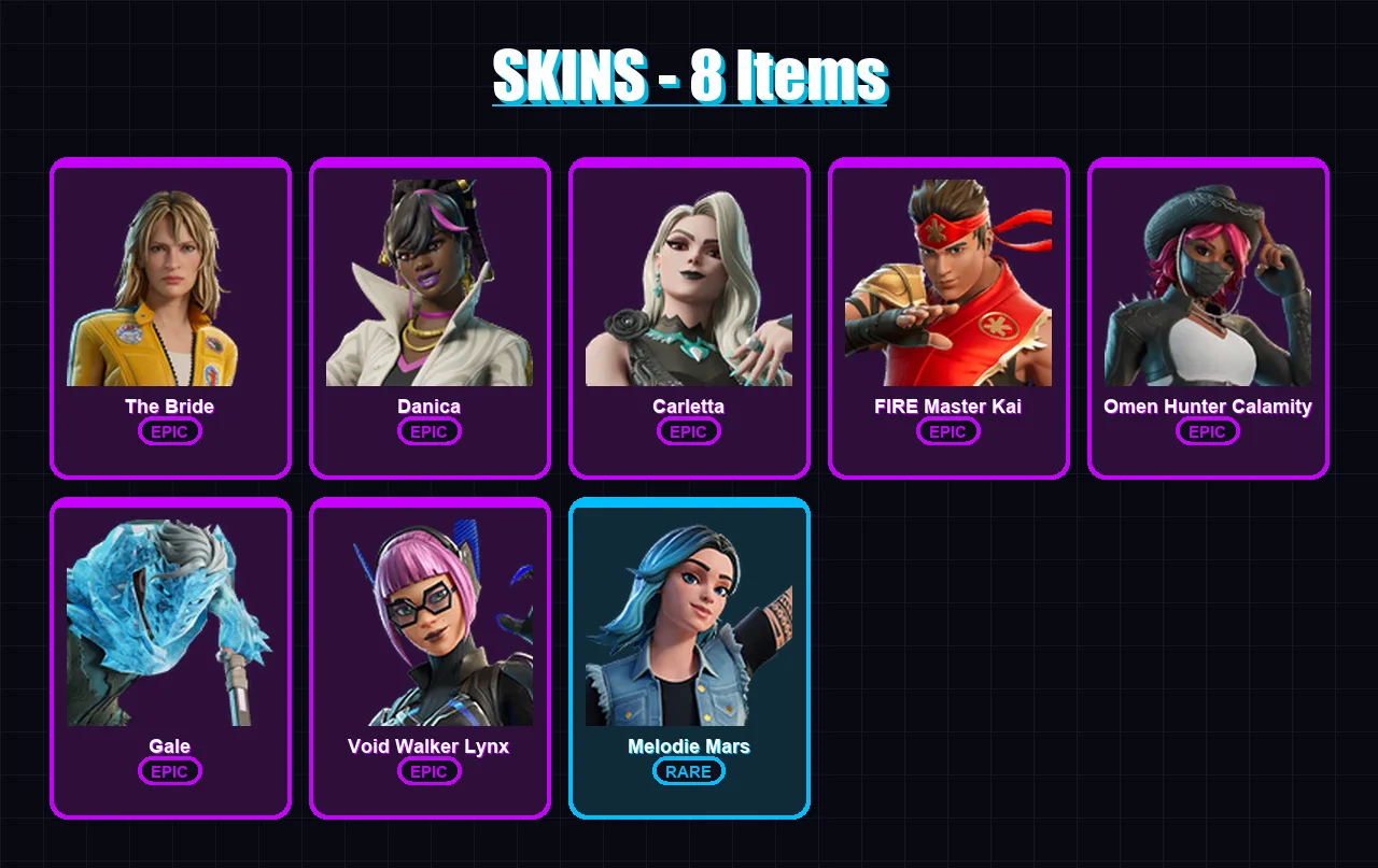 [PC/PSN] | The Bride | Danica | Carletta | FIRE Master Kai | Omen Hunter Calamity | 8 skin | 3 pickaxe | 3 emote | 1 glider | Lv3