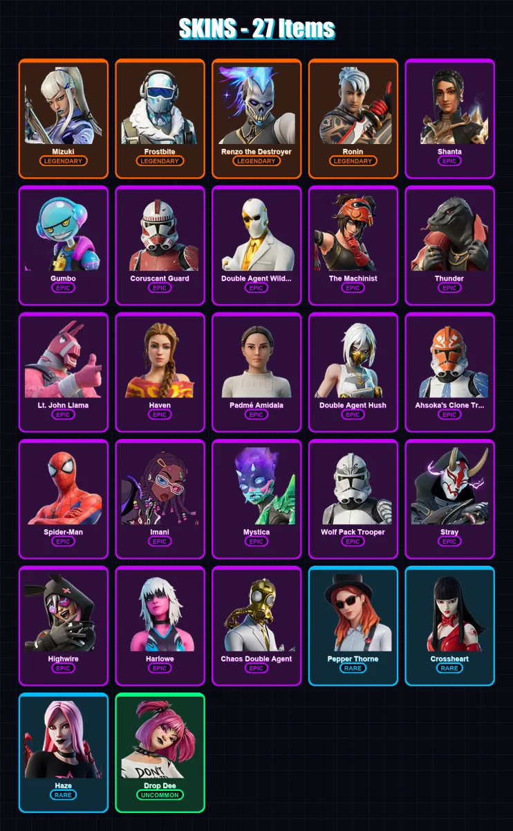 [PS4/PS5/XBOX/PC] | Mizuki | Frostbite | Renzo the Destroyer | Ronin | Shanta | 27 skin | 19 pickaxe | 18 emote | 22 glider | Lv240