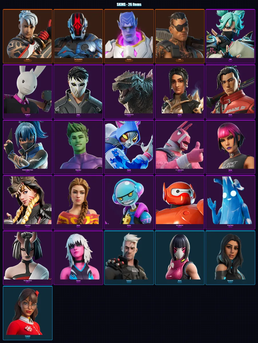 [PS4/PS5/XBOX/PC] | Ronin | The Foundation | Kymera | Joey | Jade | 26 skin | 38 pickaxe | 27 emote | 31 glider | Lv410