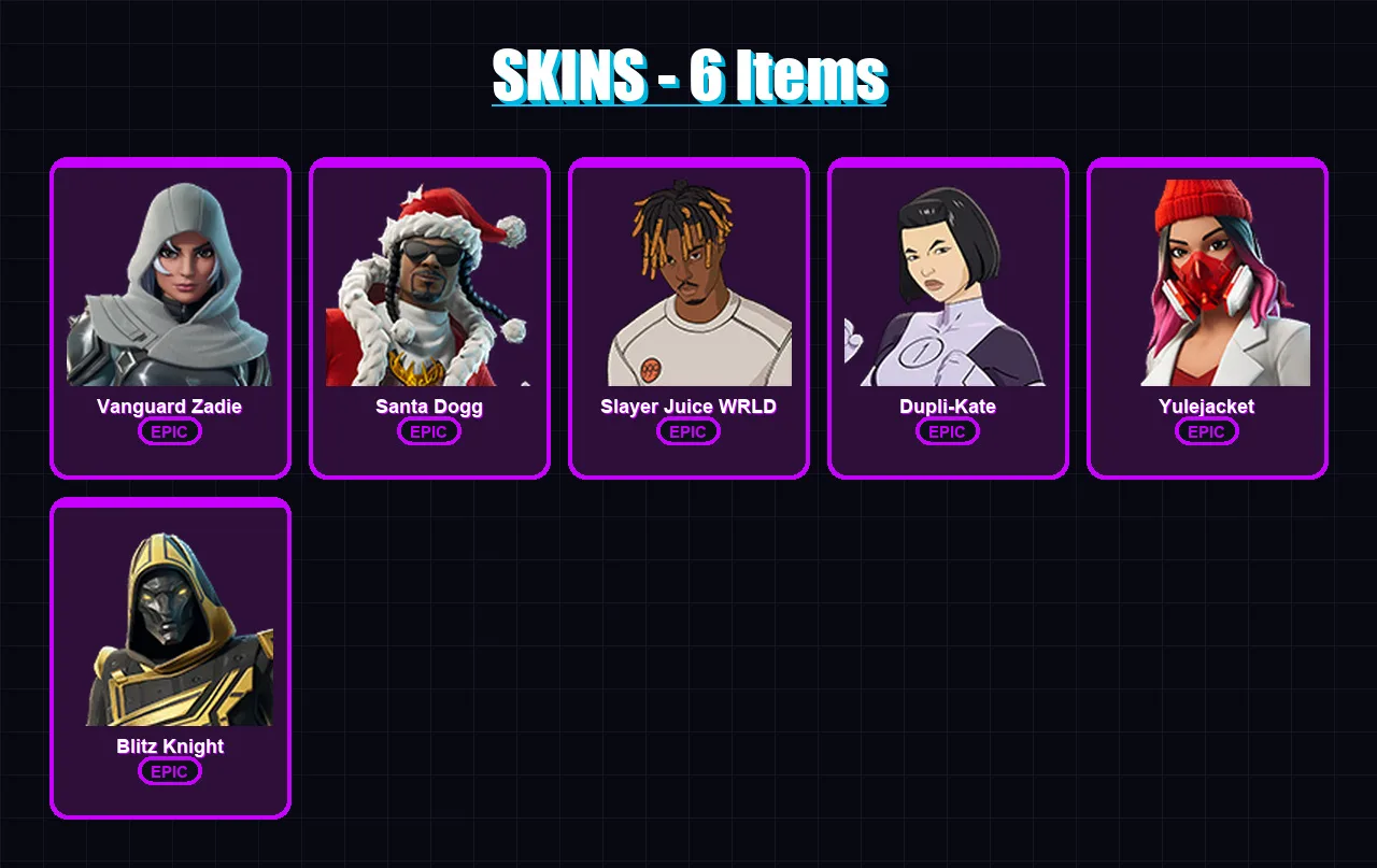 [PC/XBOX] | Vanguard Zadie | Santa Dogg | Slayer Juice WRLD | Dupli-Kate | Yulejacket | 6 skin | 64 pickaxe | 28 emote | 38 glider | Lv1111