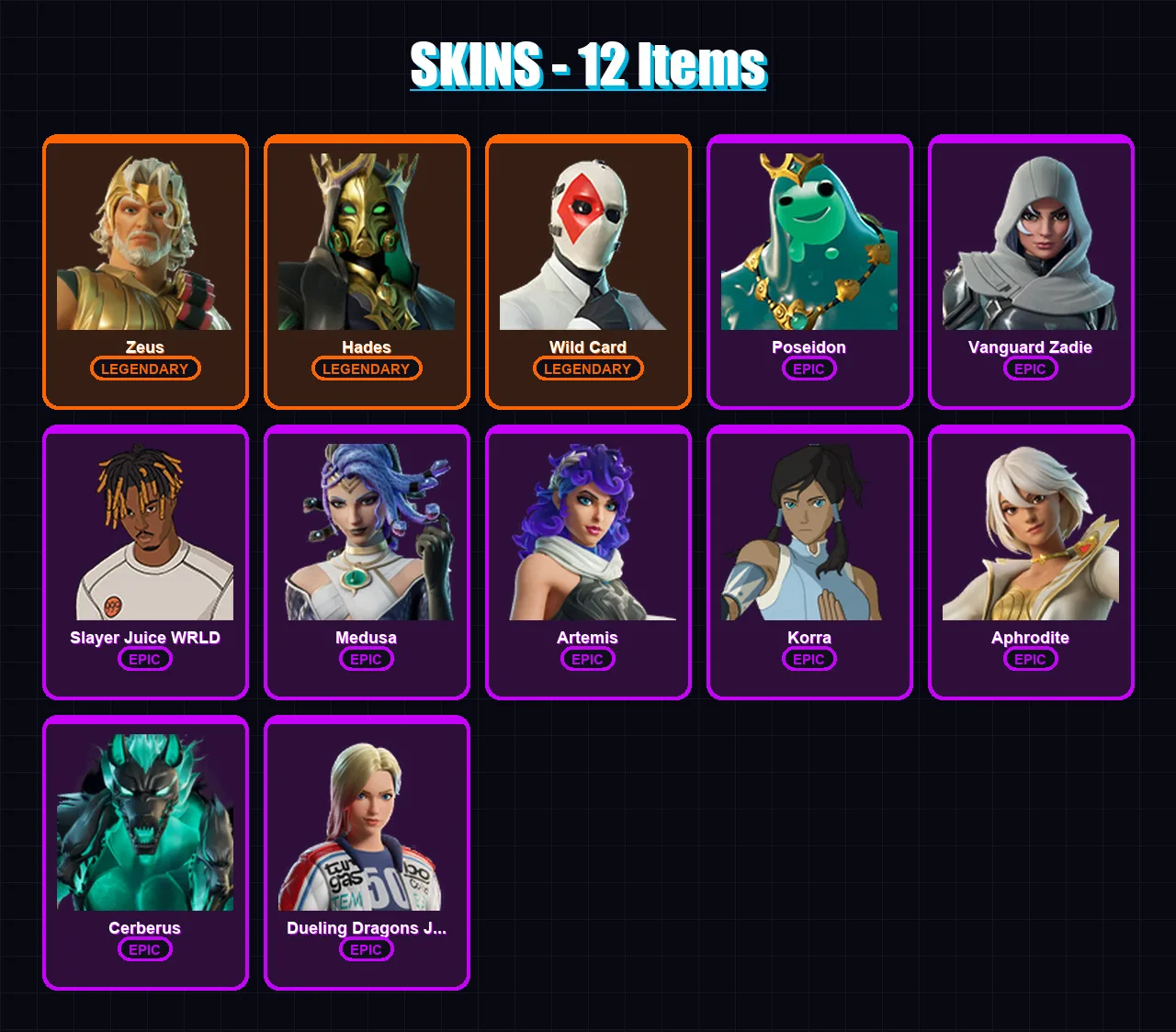[PC/PSN] | Zeus | Hades | Wild Card | Poseidon | Vanguard Zadie | 12 skin | 63 pickaxe | 44 emote | 39 glider | Lv653