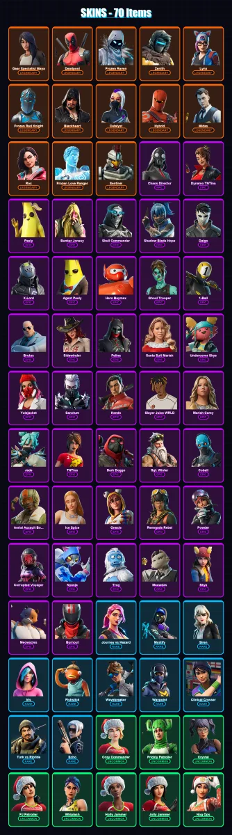 [PC/XBOX/PSN] | Gear Specialist Maya | Deadpool | Frozen Raven | Zenith | Lynx | 70 skin | 77 pickaxe | 60 emote | 55 glider | Lv668
