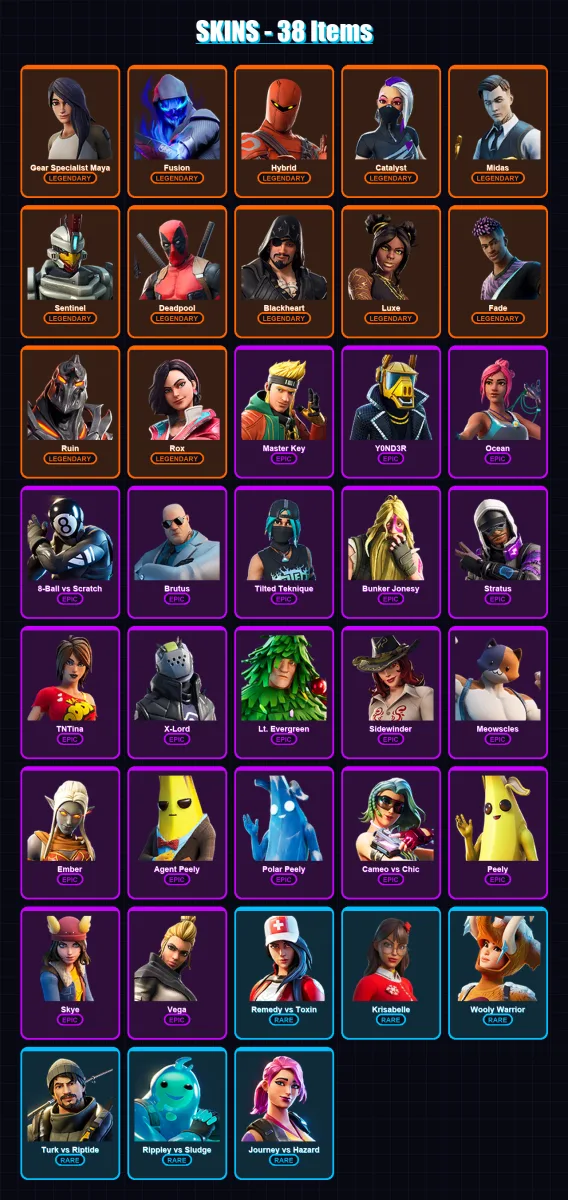 [PS4/PS5/XBOX/PC] | Gear Specialist Maya | Fusion | Hybrid | Catalyst | Midas | 38 skin | 49 pickaxe | 48 emote | 48 glider | Lv624
