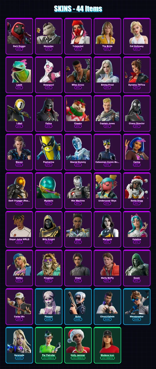 [PC/XBOX/PSN] | Dark Doggo | Meowdas | Yulejacket | The Bride | Cat Holloway | 44 skin | 100 pickaxe | 47 emote | 58 glider | Lv1539