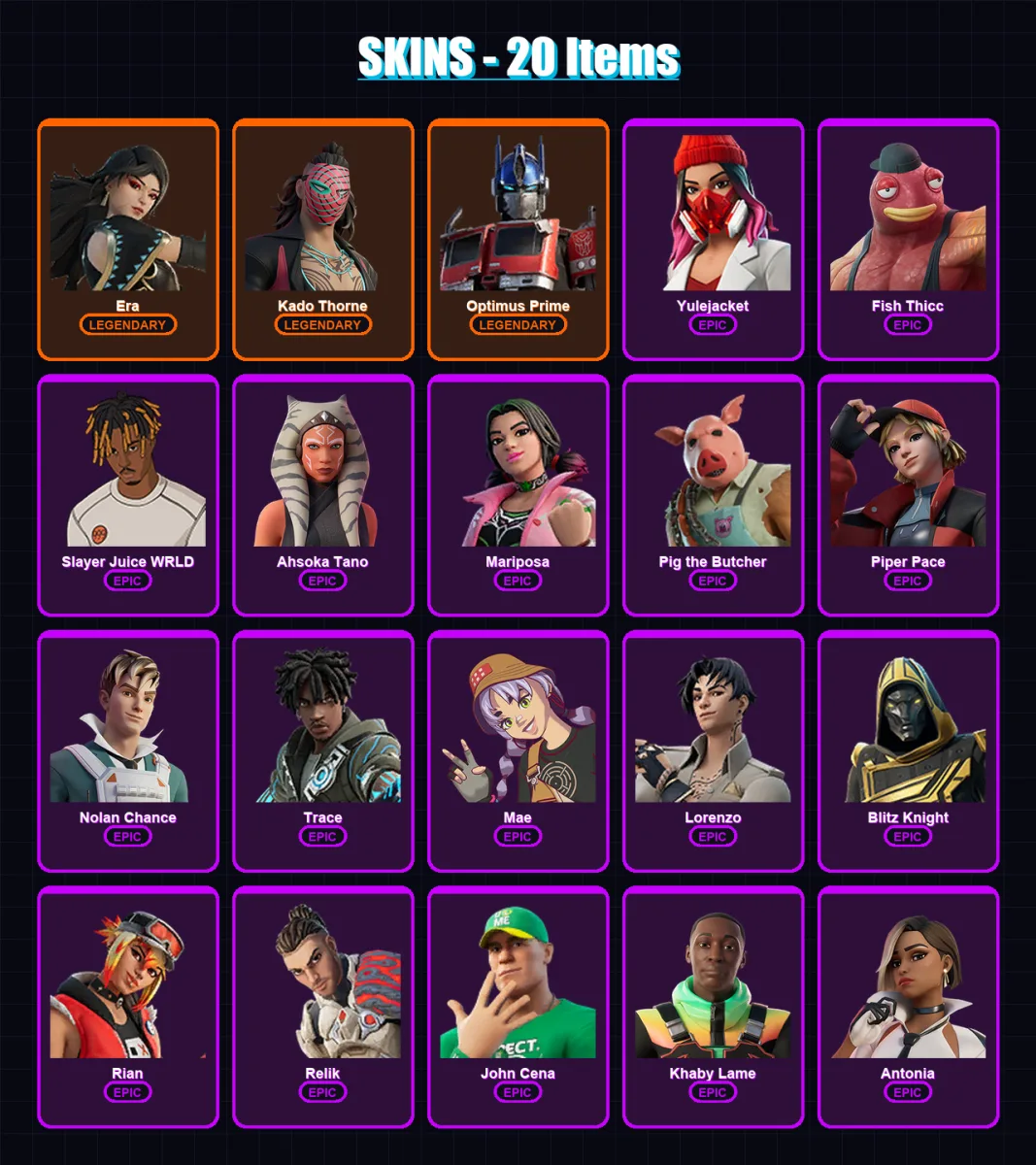 [PC/PSN] | Era | Kado Thorne | Optimus Prime | Yulejacket | Fish Thicc | 20 skin | 87 pickaxe | 49 emote | 51 glider | Lv836
