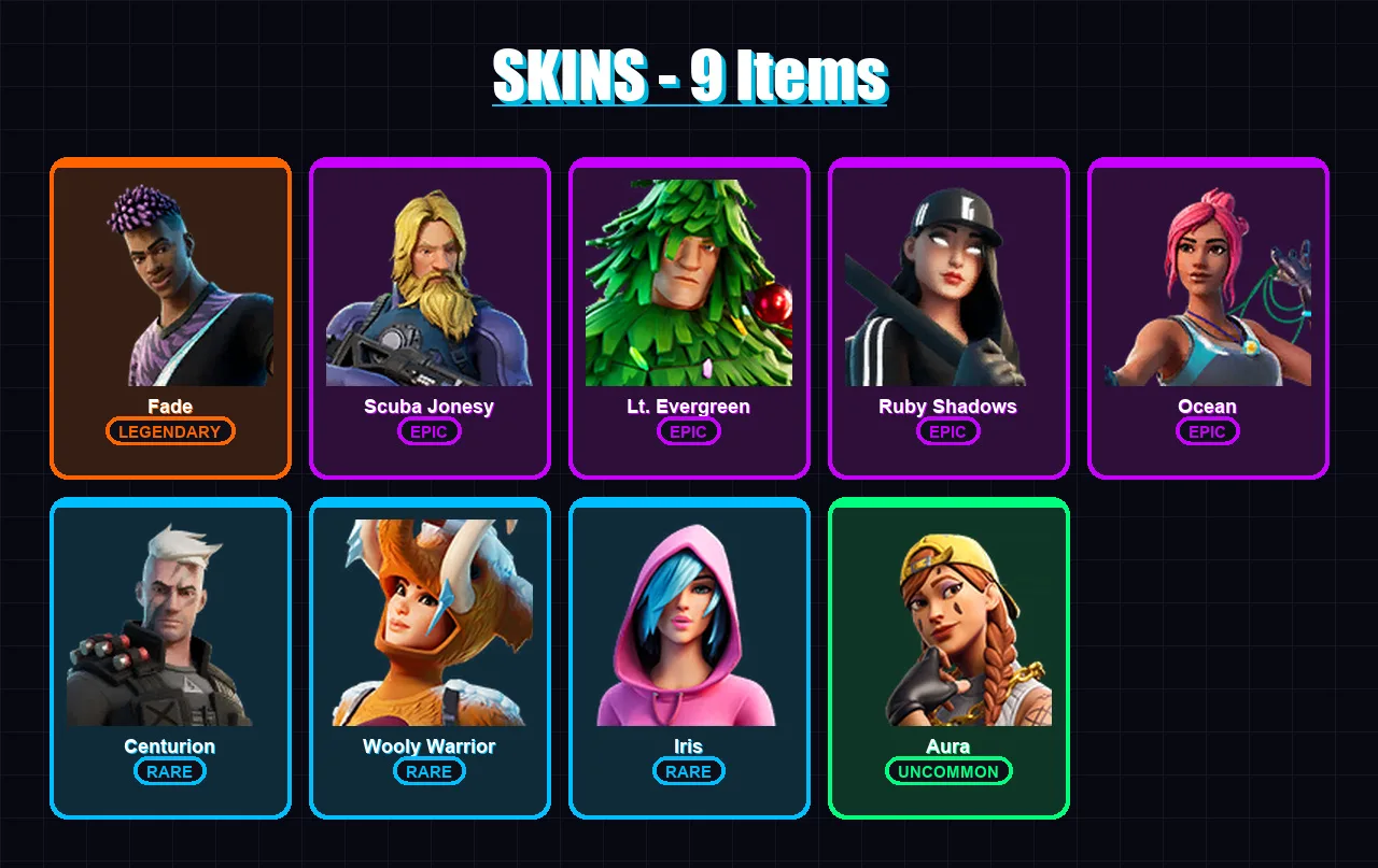 [PC/XBOX/PSN] | Fade | Scuba Jonesy | Lt. Evergreen | Ruby Shadows | Ocean | 9 skin | 12 pickaxe | 11 emote | 13 glider | Lv157