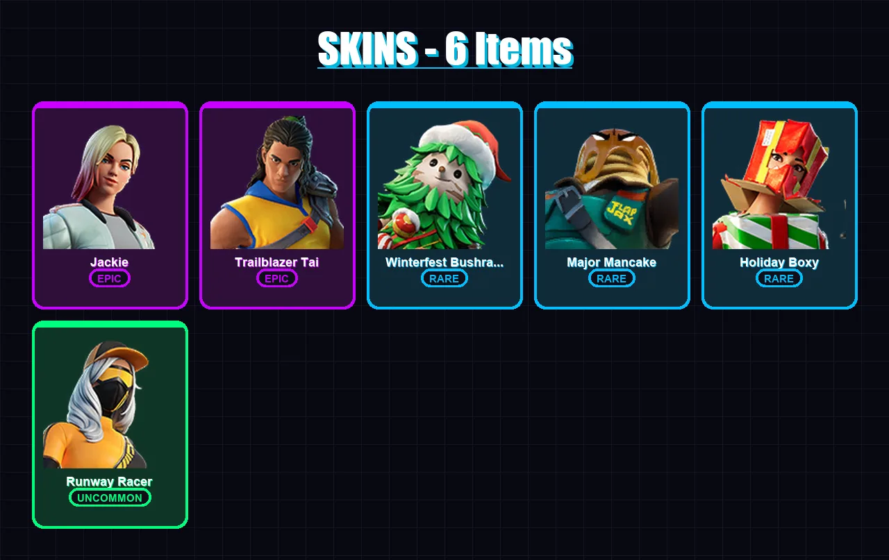 [PC/XBOX/PSN] | Jackie | Trailblazer Tai | Winterfest Bushranger | Major Mancake | Holiday Boxy | 6 skin | 23 pickaxe | 21 emote | 24 glider | Lv105