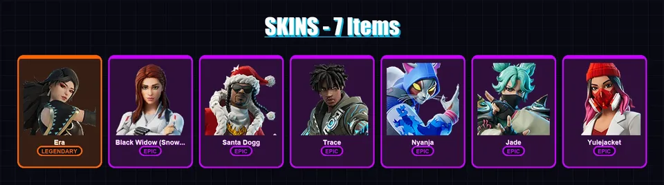 [PC/PSN] | Era | Black Widow (Snow Suit) | Santa Dogg | Trace | Nyanja | 7 skin | 15 pickaxe | 7 emote | 12 glider | Lv96 — main preview