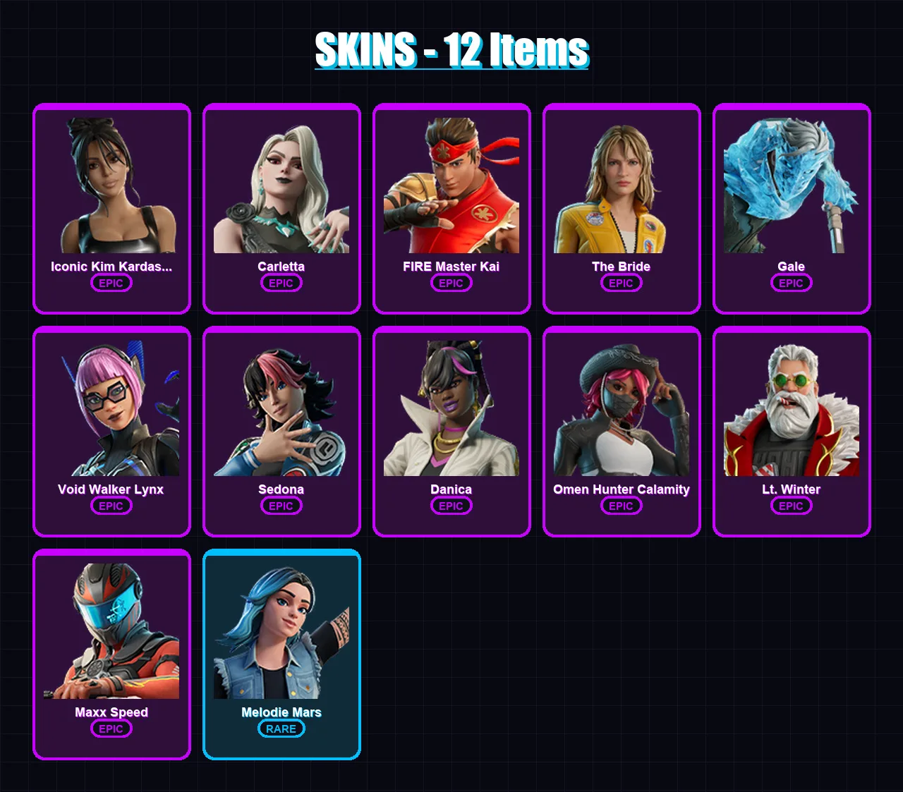 [PC/PSN] | Iconic Kim Kardashian | Carletta | FIRE Master Kai | The Bride | Gale | 12 skin | 11 pickaxe | 5 emote | 7 glider | Lv60
