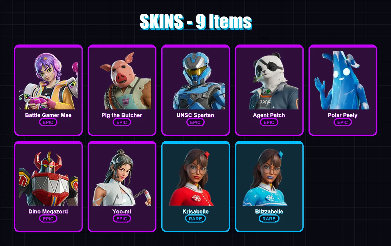 [PC/XBOX/PSN] | Battle Gamer Mae | Pig the Butcher | UNSC Spartan | Agent Patch | Polar Peely | 9 skin | 22 pickaxe | 20 emote | 21 glider | Lv345