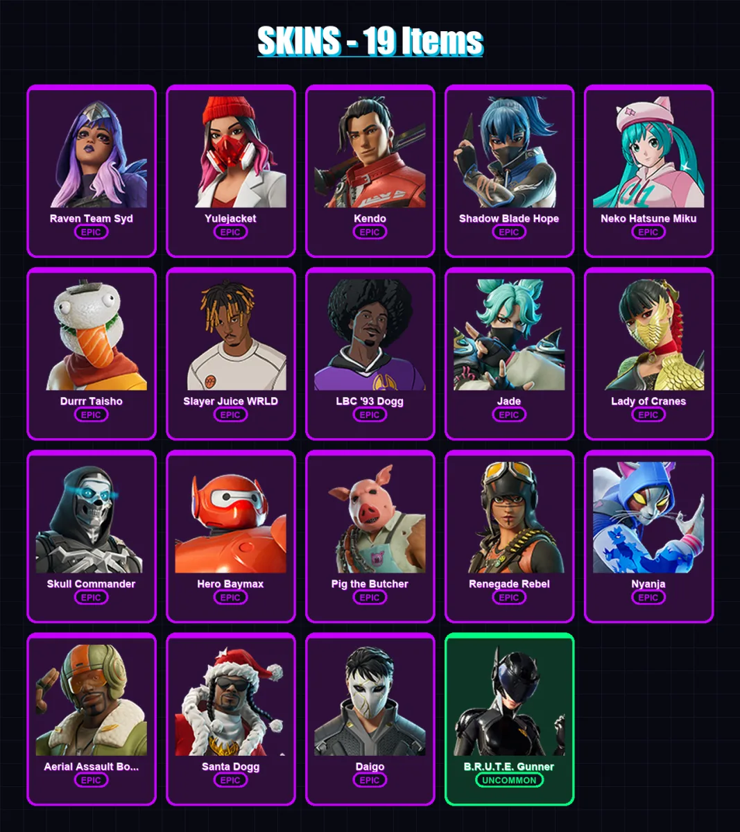 [PC/XBOX/PSN] | Raven Team Syd | Yulejacket | Kendo | Shadow Blade Hope | Neko Hatsune Miku | 19 skin | 39 pickaxe | 26 emote | 20 glider | Lv218