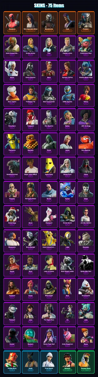[PS4/PS5/XBOX/PC] | Deadpool | Gear Specialist Maya | Mandalorian | Fade | Predator | 75 skin | 124 pickaxe | 79 emote | 88 glider | Lv1631