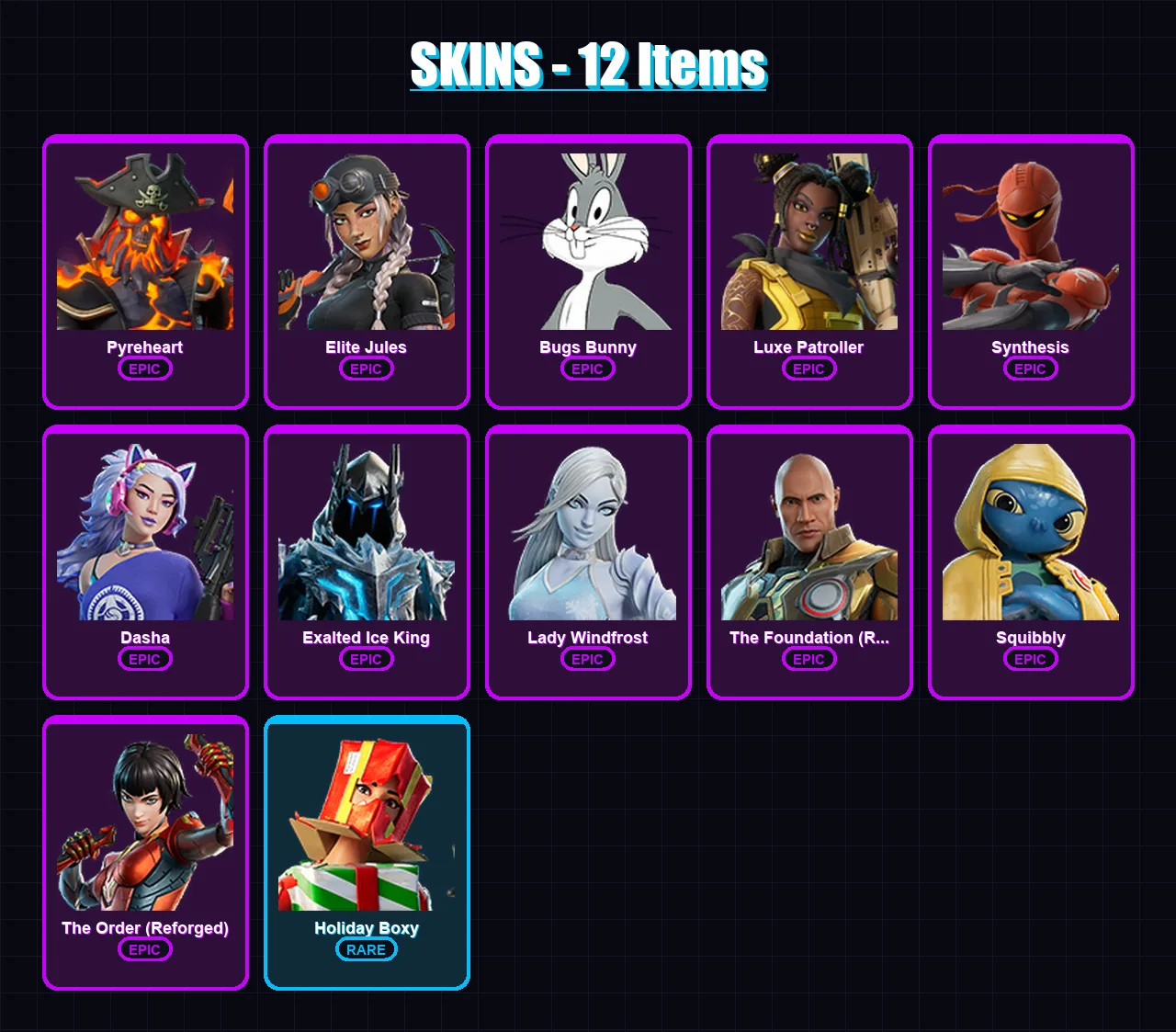 [PC/XBOX/PSN] | Pyreheart | Elite Jules | Bugs Bunny | Luxe Patroller | Synthesis | 12 skin | 17 pickaxe | 14 emote | 14 glider | Lv210