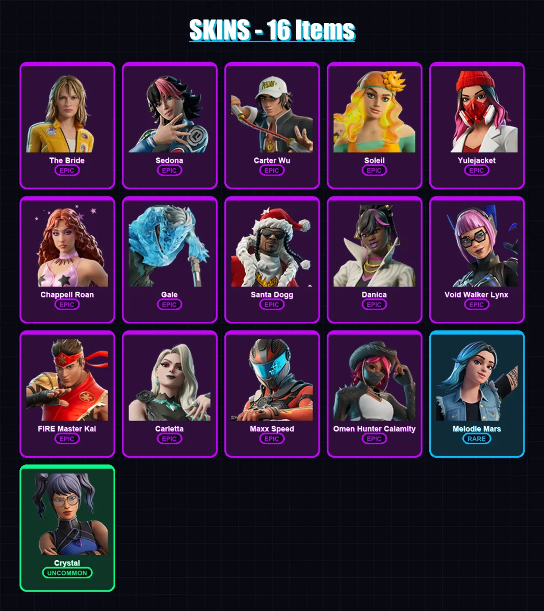 [PC/PSN] | The Bride | Sedona | Carter Wu | Soleil | Yulejacket | 16 skin | 19 pickaxe | 10 emote | 8 glider | Lv84