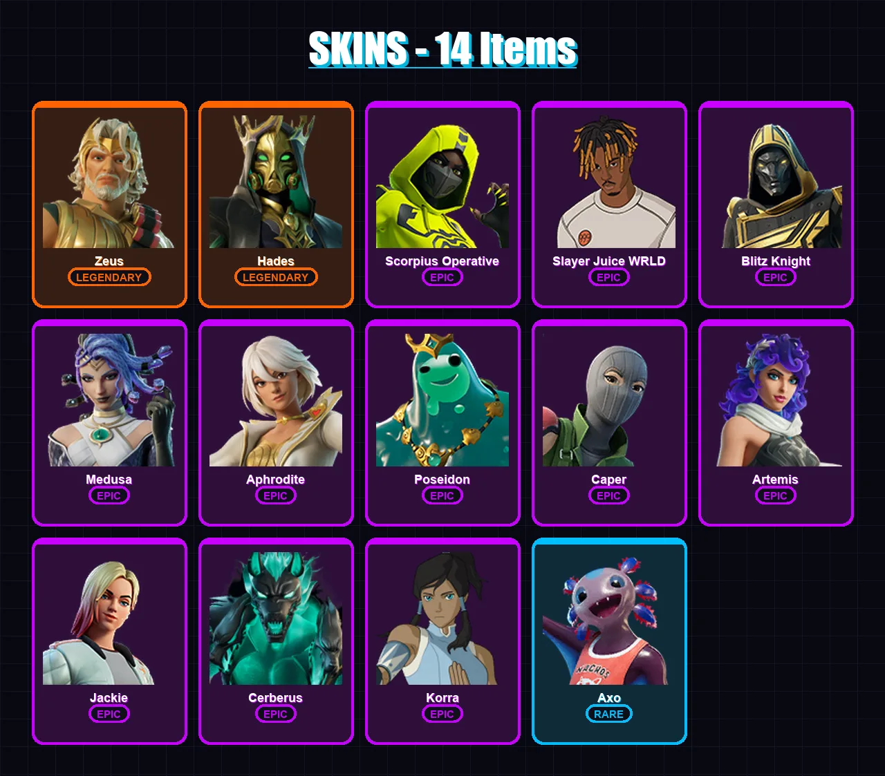 [PC/XBOX/PSN] | Zeus | Hades | Scorpius Operative | Slayer Juice WRLD | Blitz Knight | 14 skin | 39 pickaxe | 23 emote | 23 glider | Lv537