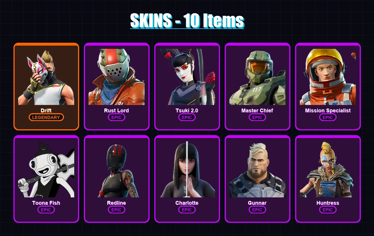 [PC/XBOX] | Drift | Rust Lord | Tsuki 2.0 | Master Chief | Mission Specialist | 10 skin | 10 pickaxe | 13 emote | 17 glider | Lv186