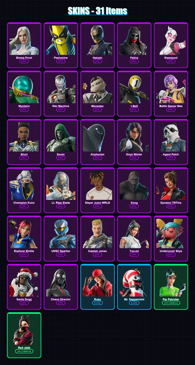 [PC/XBOX/PSN] | Emma Frost | Peelverine | Hairpin | Felina | Gwenpool | 31 skin | 58 pickaxe | 34 emote | 40 glider | Lv688