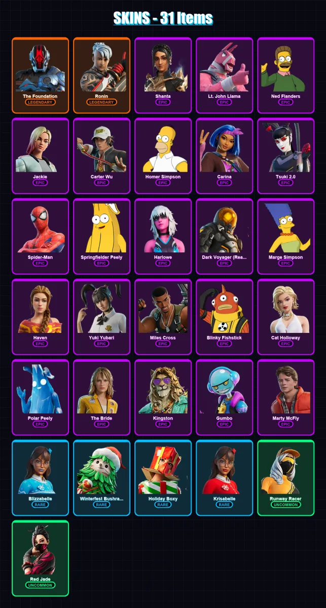 [PC/XBOX/PSN] | The Foundation | Ronin | Shanta | Lt. John Llama | Ned Flanders | 31 skin | 48 pickaxe | 31 emote | 42 glider | Lv665