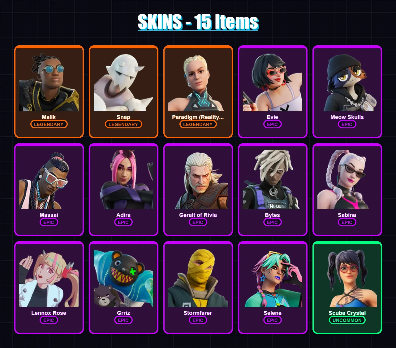 [PC/XBOX/PSN] | Malik | Snap | Paradigm (Reality-659) | Evie | Meow Skulls | 15 skin | 25 pickaxe | 17 emote | 27 glider | Lv370