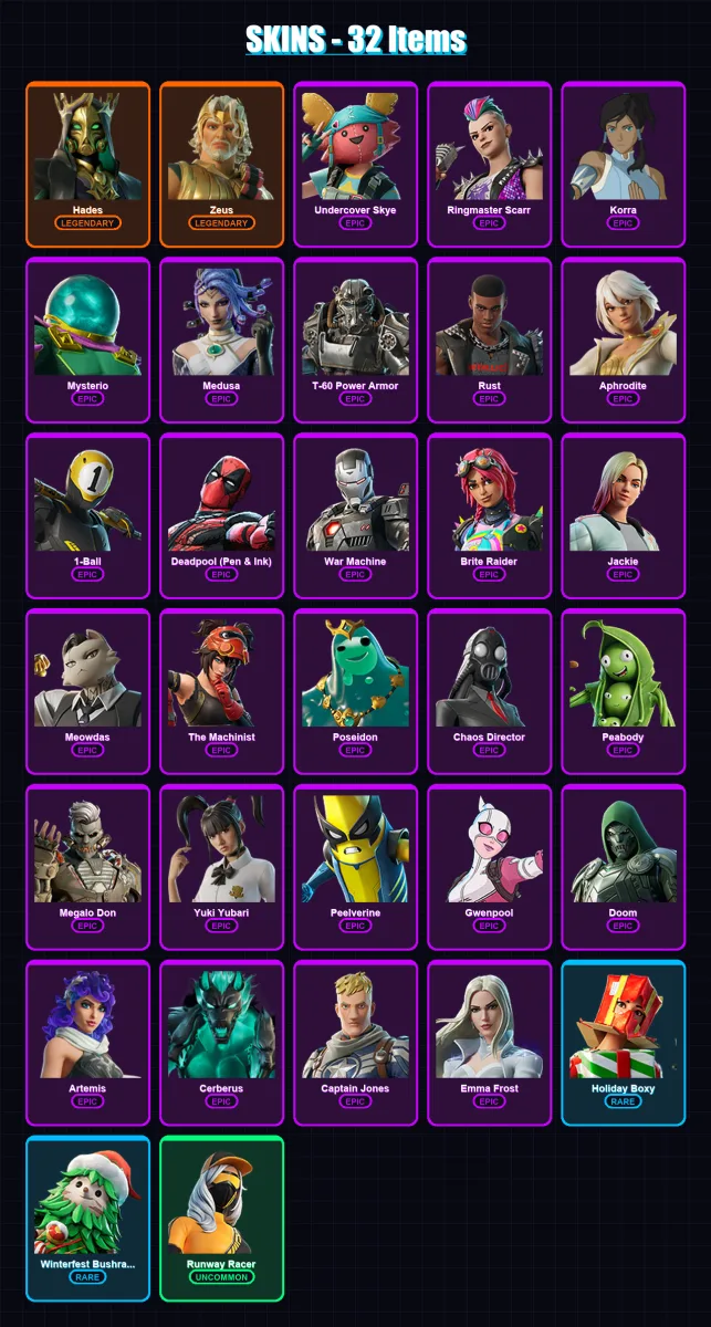 [SWITCH/XBOX/PSN/PC] | Hades | Zeus | Undercover Skye | Ringmaster Scarr | Korra | 32 skin | 51 pickaxe | 32 emote | 43 glider | Lv568