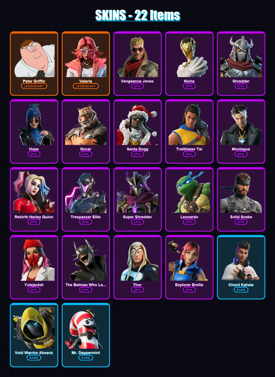 [PC/XBOX] | Peter Griffin | Valeria | Vengeance Jones | Nisha | Shredder | 22 skin | 43 pickaxe | 25 emote | 28 glider | Lv322