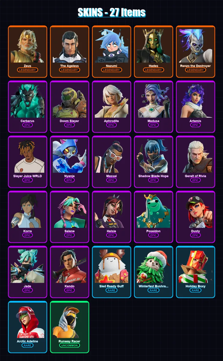 [PC/XBOX] | Zeus | The Ageless | Nezumi | Hades | Renzo the Destroyer | 27 skin | 57 pickaxe | 43 emote | 53 glider | Lv656 — Fortnite account