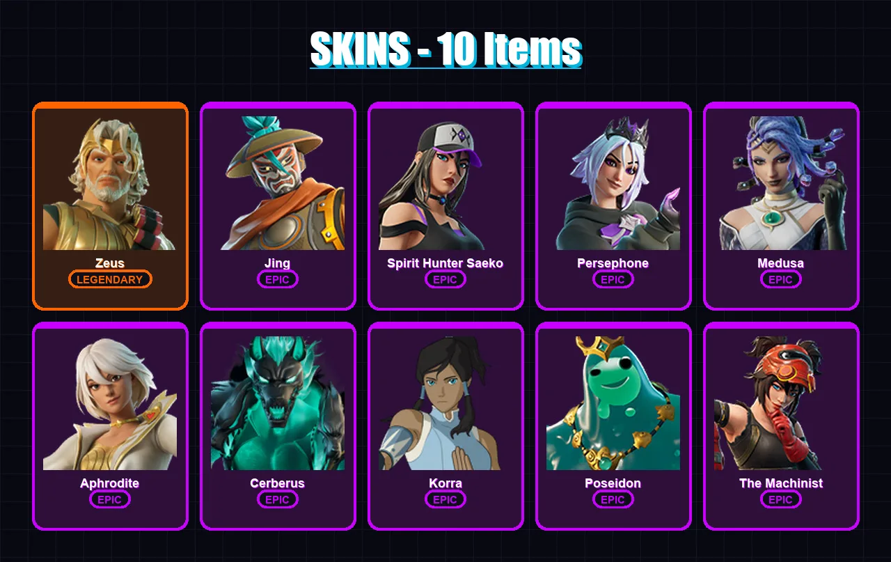 [PC/PSN] | Zeus | Jing | Spirit Hunter Saeko | Persephone | Medusa | 10 skin | 15 pickaxe | 12 emote | 12 glider | Lv112 — Fortnite account