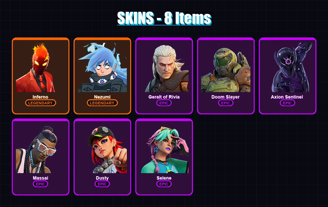 [PC/XBOX/PSN] | Inferno | Nezumi | Geralt of Rivia | Doom Slayer | Axion Sentinel  | 8 skin | 10 pickaxe | 7 emote | 8 glider | Lv85