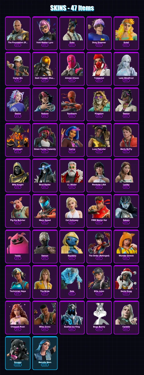 [PC] | The Foundation (Reforged) | Void Walker Lynx | Duke | Dozy Dreamer | Soleil | 47 skin | 92 pickaxe | 42 emote | 43 glider | Lv718