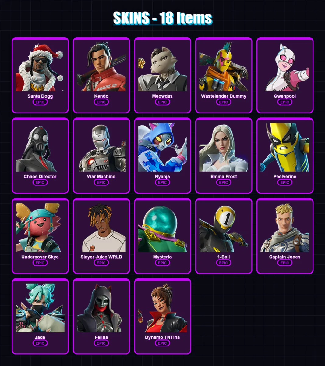 [PC/XBOX/PSN] | Santa Dogg | Kendo | Meowdas | Wastelander Dummy | Gwenpool | 18 skin | 31 pickaxe | 23 emote | 22 glider | Lv270