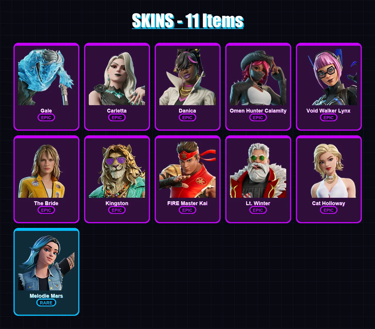 [PC/XBOX/PSN] | Gale | Carletta | Danica | Omen Hunter Calamity | Void Walker Lynx | 11 skin | 11 pickaxe | 15 emote | 8 glider | Lv41