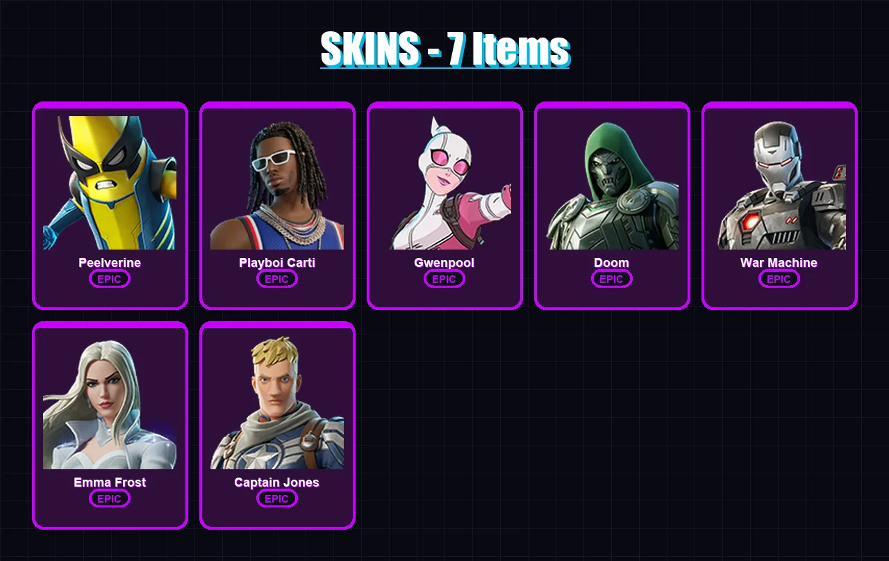 [PC/XBOX/PSN] | Peelverine | Playboi Carti | Gwenpool | Doom | War Machine | 7 skin | 12 pickaxe | 12 emote | 12 glider | Lv124