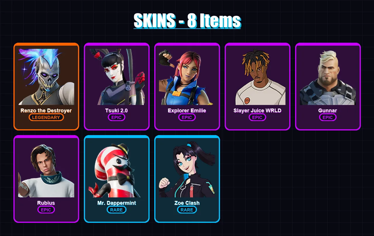 [PC/XBOX/PSN] | Renzo the Destroyer | Tsuki 2.0 | Explorer Emilie | Slayer Juice WRLD | Gunnar | 8 skin | 12 pickaxe | 5 emote | 12 glider | Lv125