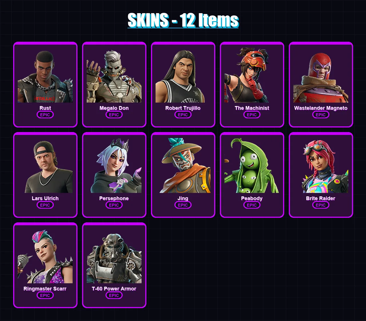 [PC/XBOX/PSN] | Rust | Megalo Don | Robert Trujillo | The Machinist | Wastelander Magneto | 12 skin | 14 pickaxe | 12 emote | 11 glider | Lv141 — Fortnite account