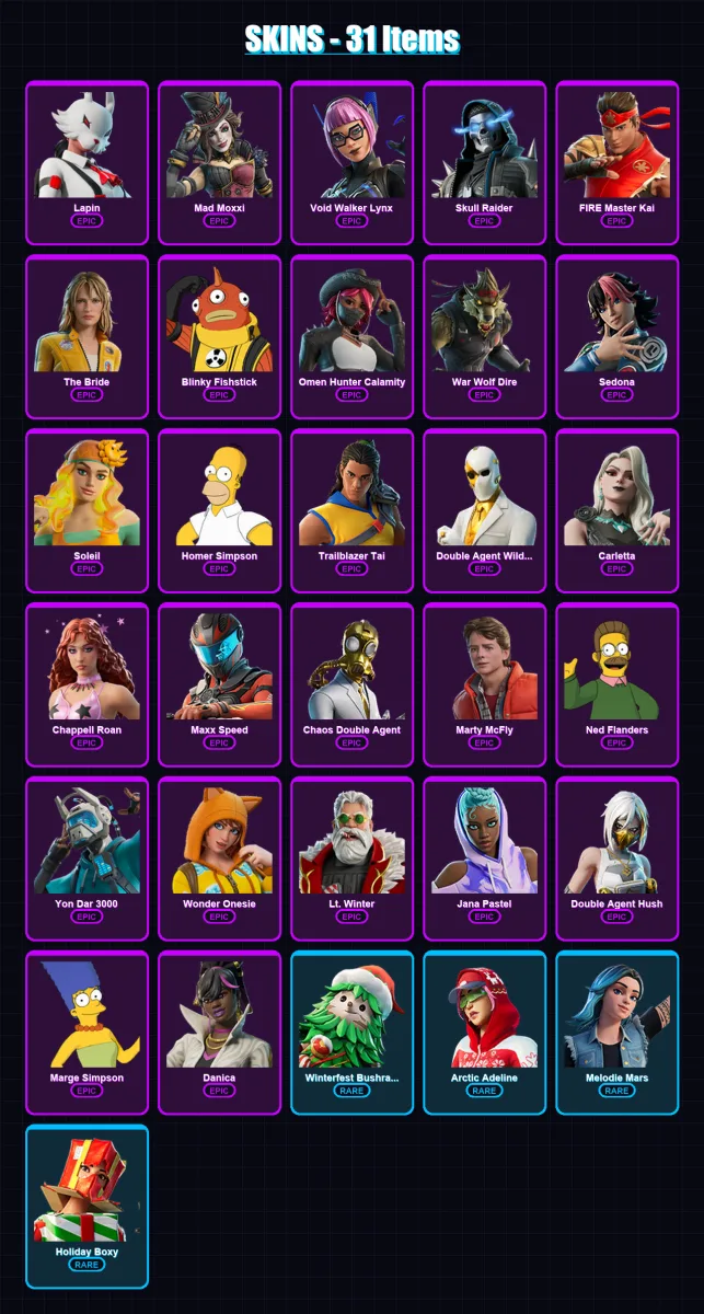 [PC/PSN] | Lapin | Mad Moxxi | Void Walker Lynx | Skull Raider | FIRE Master Kai | 31 skin | 38 pickaxe | 23 emote | 25 glider | Lv429 — Fortnite account