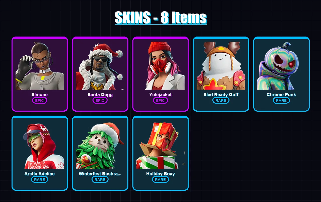 [SWITCH/XBOX/PSN/PC] | Simone | Santa Dogg | Yulejacket | Sled Ready Guff | Chrome Punk | 8 skin | 43 pickaxe | 23 emote | 38 glider | Lv716
