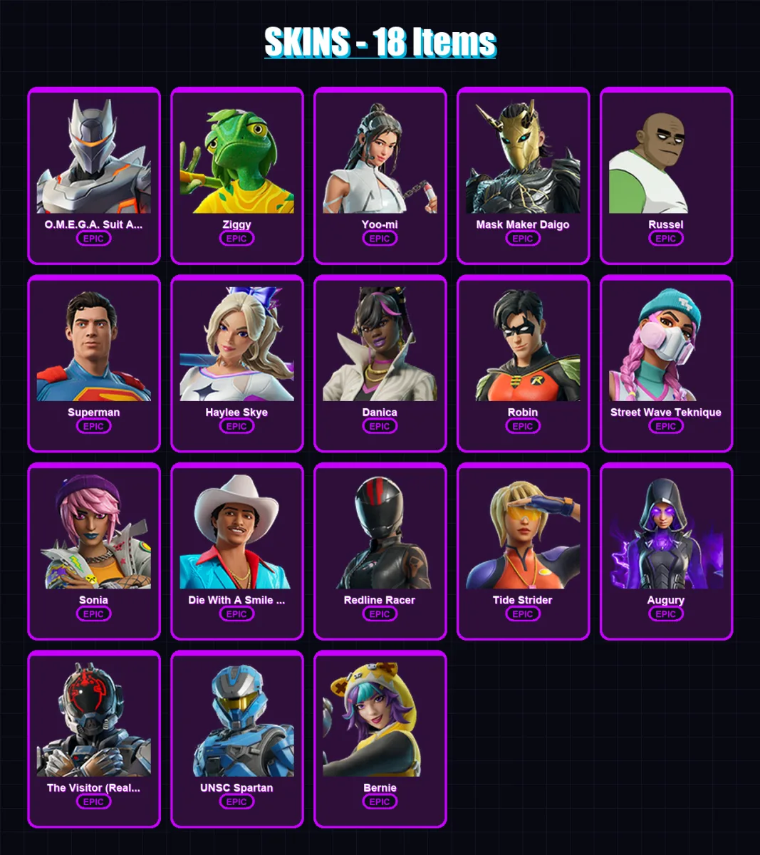 [PC/PSN] | O.M.E.G.A. Suit Alpha | Ziggy | Yoo-mi | Mask Maker Daigo | Russel | 18 skin | 29 pickaxe | 23 emote | 23 glider | Lv161