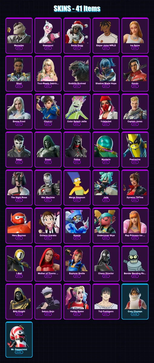 [PC/XBOX/PSN] | Meowdas | Gwenpool | Santa Dogg | Slayer Juice WRLD | Ice Spice | 41 skin | 69 pickaxe | 46 emote | 48 glider | Lv671 — Fortnite account