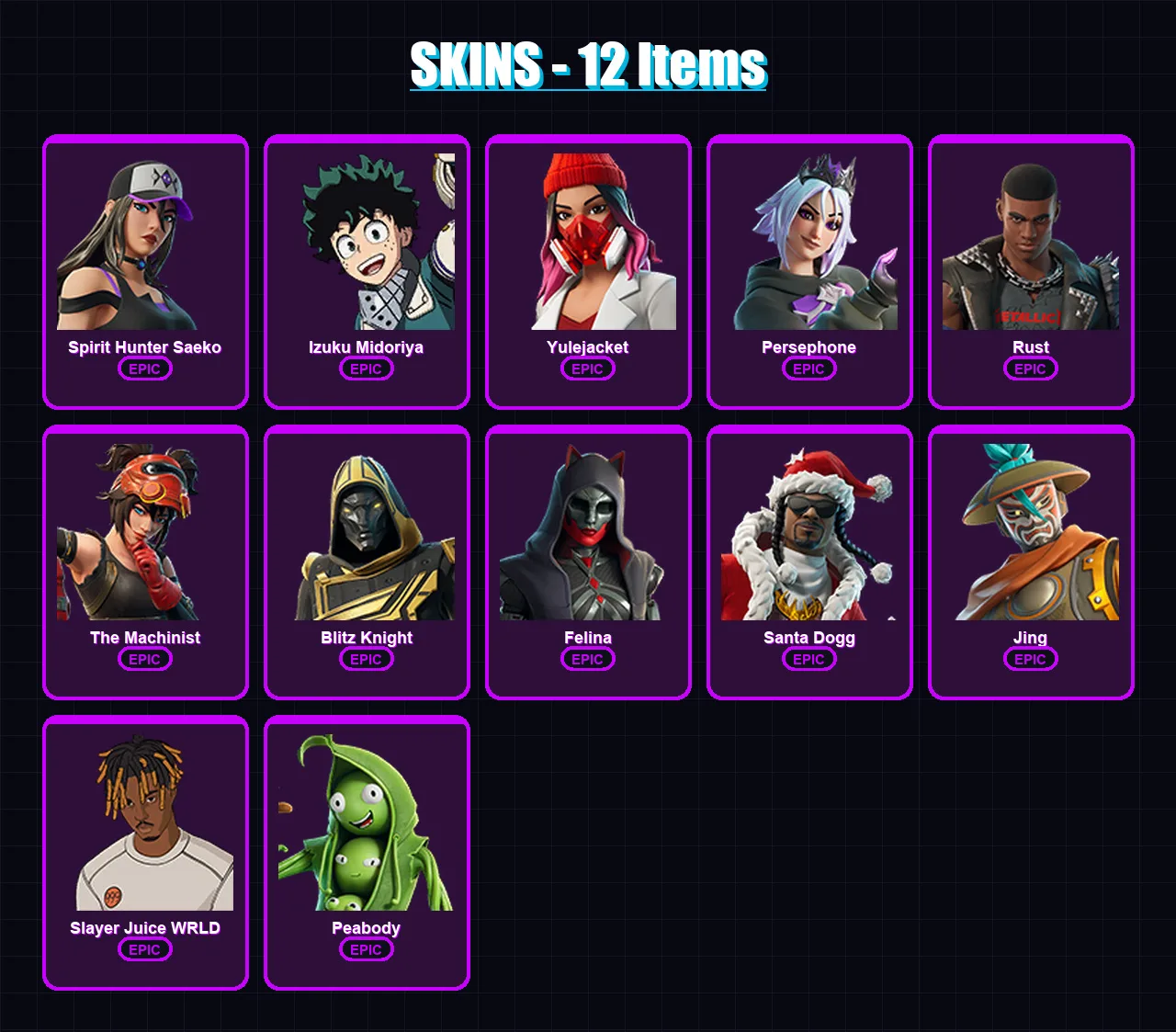 [PC/XBOX/PSN] | Spirit Hunter Saeko | Izuku Midoriya | Yulejacket | Persephone | Rust | 12 skin | 50 pickaxe | 19 emote | 30 glider | Lv390