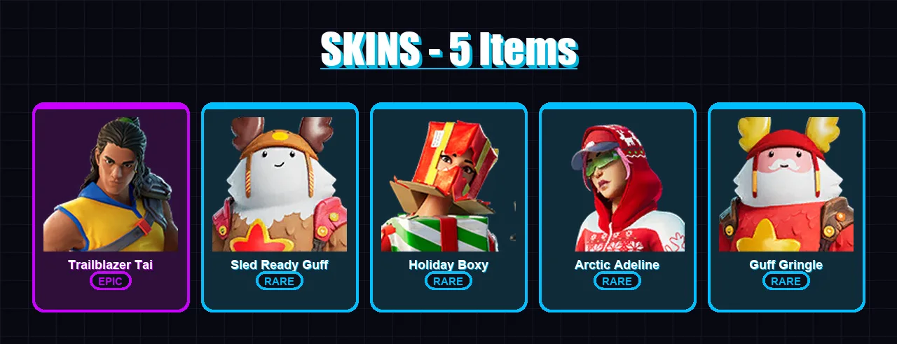 [PC/XBOX/PSN] | Trailblazer Tai | Sled Ready Guff | Holiday Boxy | Arctic Adeline | Guff Gringle | 5 skin | 9 pickaxe | 6 emote | 10 glider | Lv82
