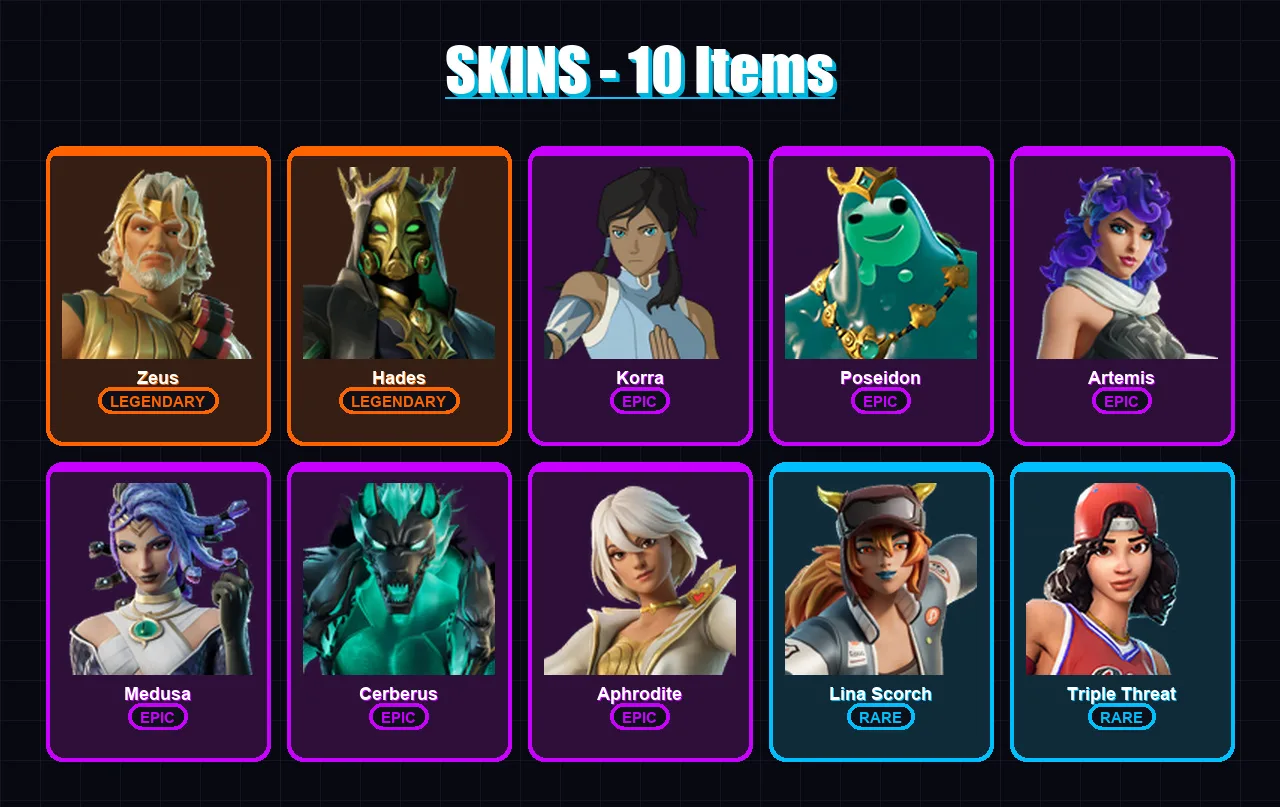 [PC/XBOX] | Zeus | Hades | Korra | Poseidon | Artemis | 10 skin | 19 pickaxe | 19 emote | 14 glider | Lv367