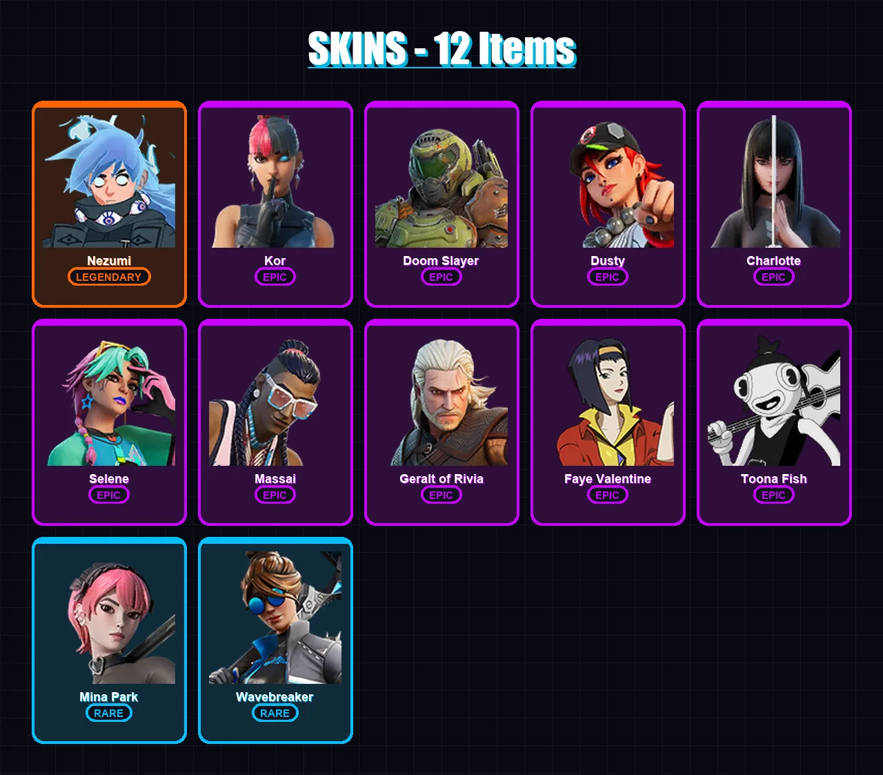 [PC/PSN] | Nezumi | Kor | Doom Slayer | Dusty | Charlotte | 12 skin | 27 pickaxe | 21 emote | 21 glider | Lv331
