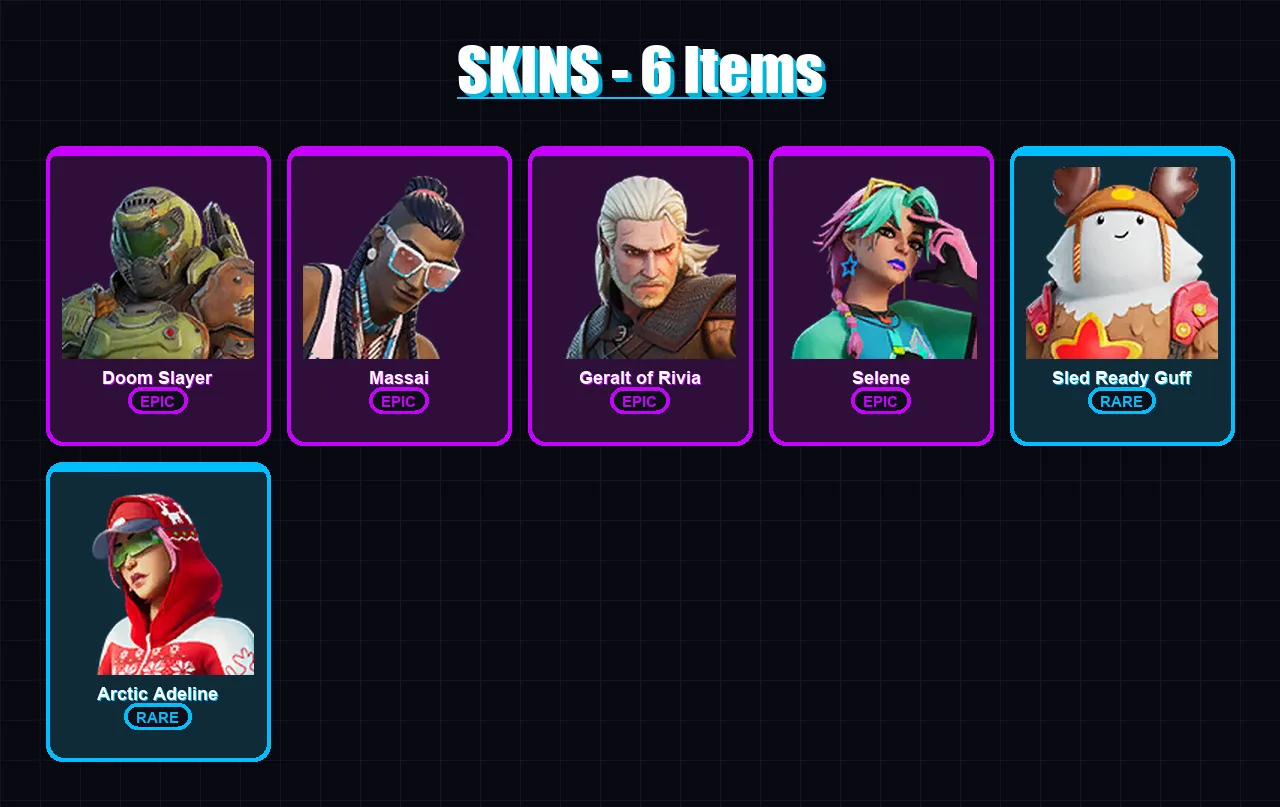 [PS4/PS5/XBOX/PC] | Doom Slayer | Massai | Geralt of Rivia | Selene | Sled Ready Guff | 6 skin | 13 pickaxe | 12 emote | 17 glider | Lv344